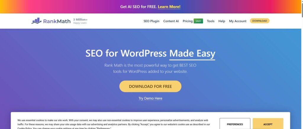 free rank math seo wordpress plugin